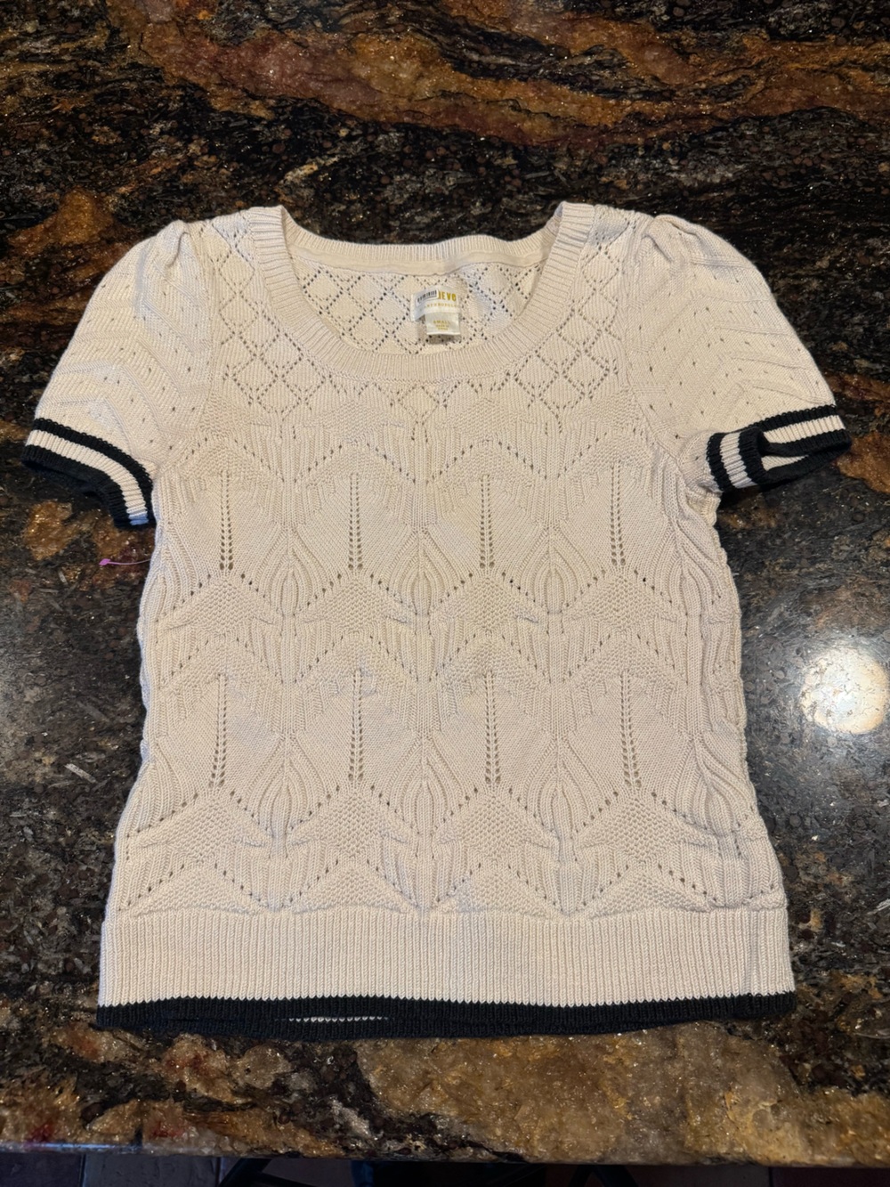 Anthropologie Cream Short-Sleeve Knit Sweater with Black Trim